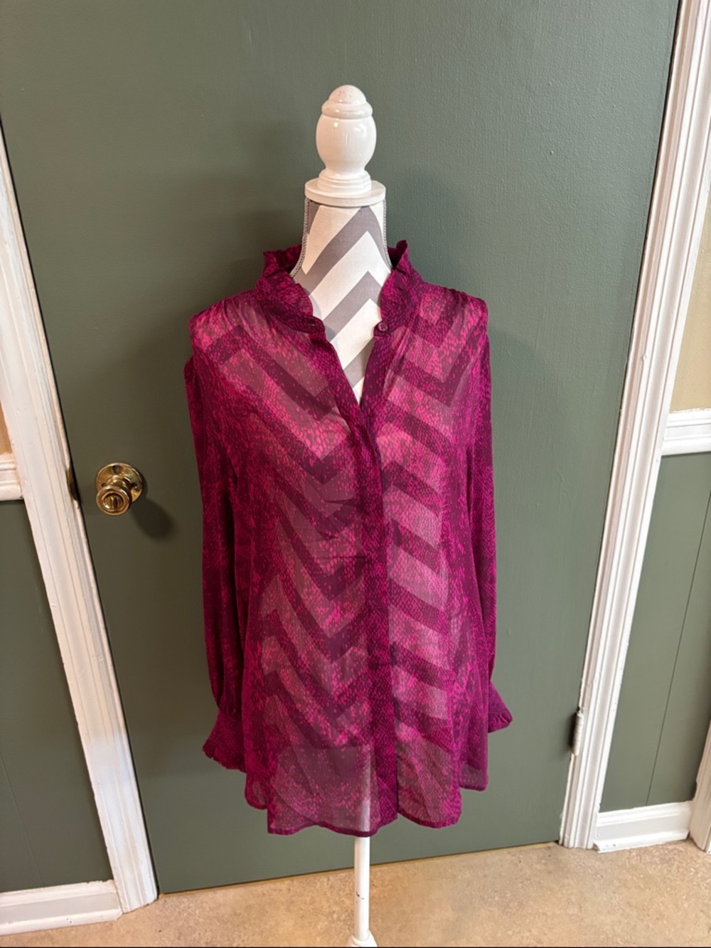 Chico's Sheer Magenta Chevron Ruffled Blouse